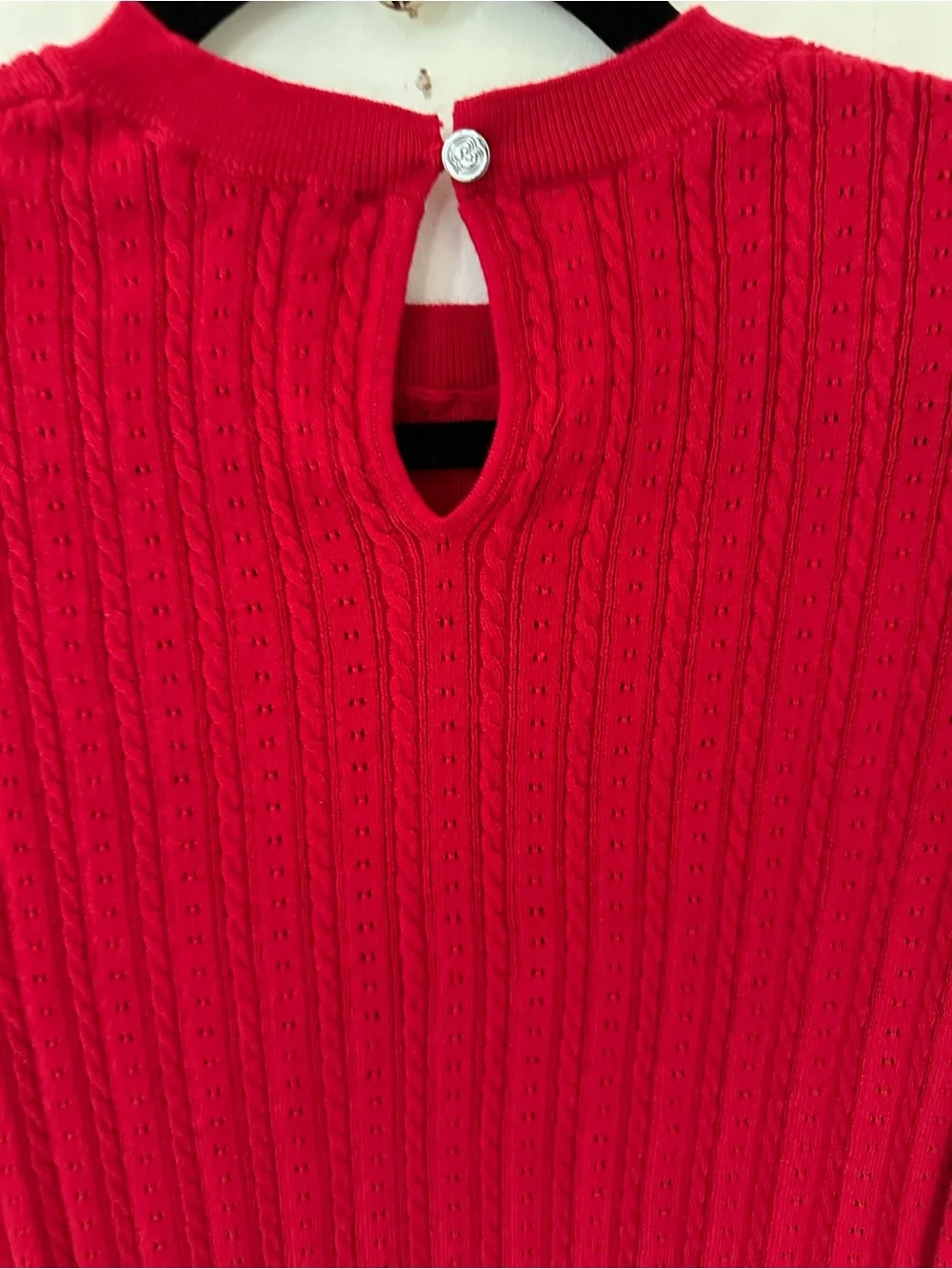 NWT MAJE round neck jumper red cable-knit and pointelle short sleeves size S